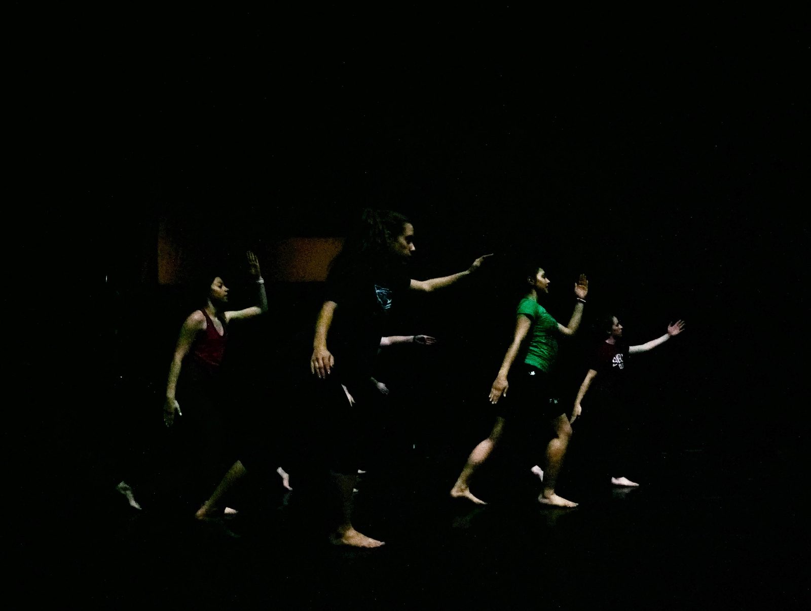 A traveling phrase of dancers in profile, lit faintly against deep shadow
