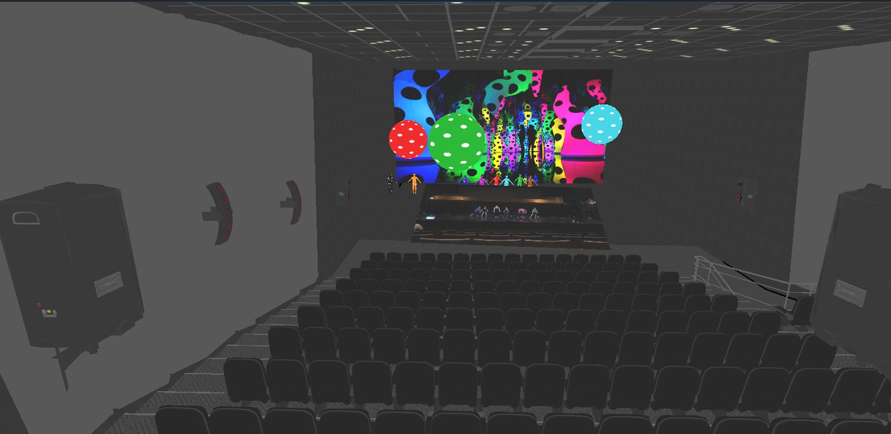 The Redfern stage recreated in Unreal, seen from the empty house, with a colorful dotted projection filling the upstage screen