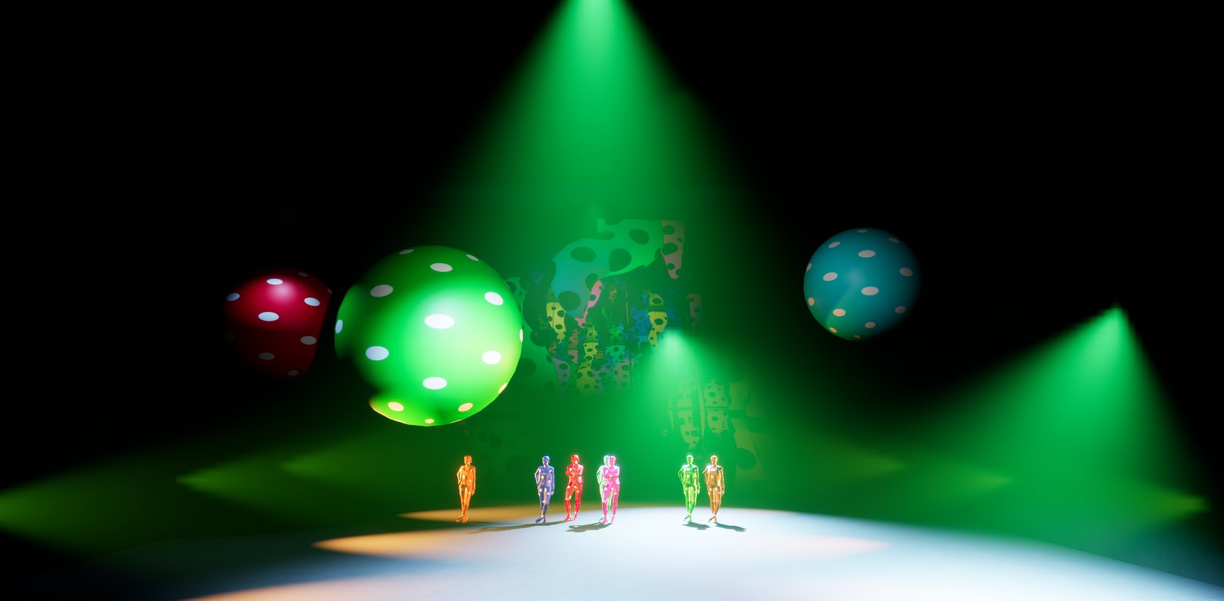 Six dot-costumed dancers in a warm pool of light under a saturated green wash, spheres floating above