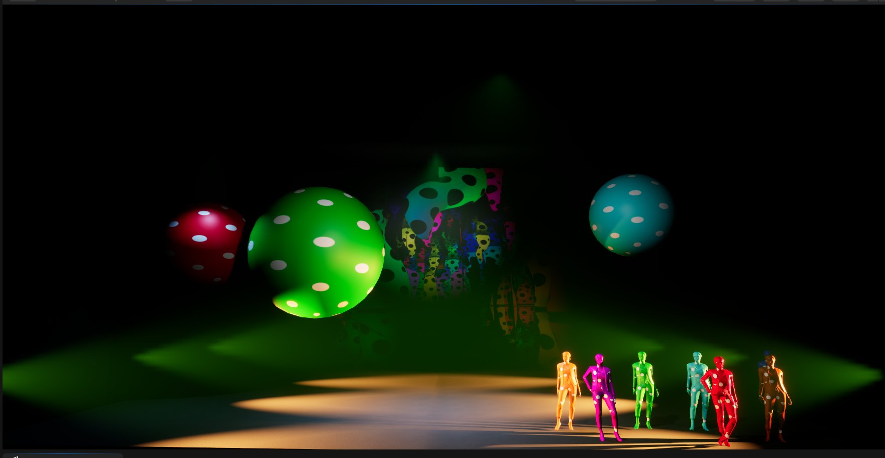 Six dot-costumed dancers in a shaft of warm light on a dark stage, spheres above and a dotted backdrop upstage