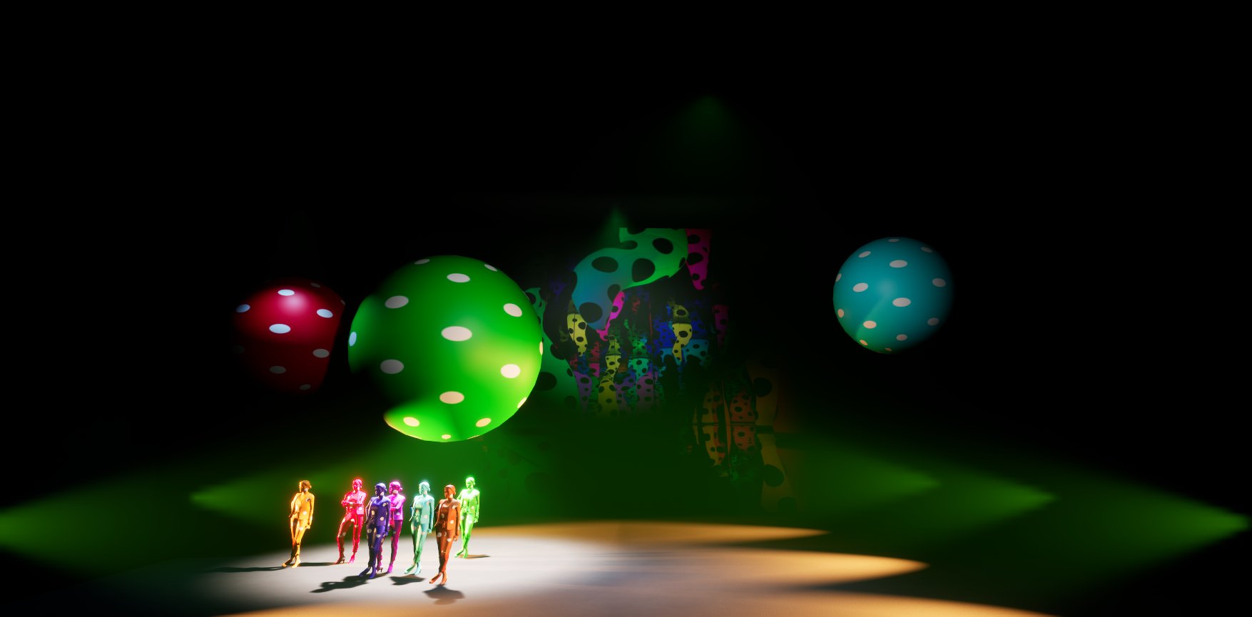 Dot-costumed dancers in a spotlight with giant polka-dot spheres, from the Dots Unreal simulation