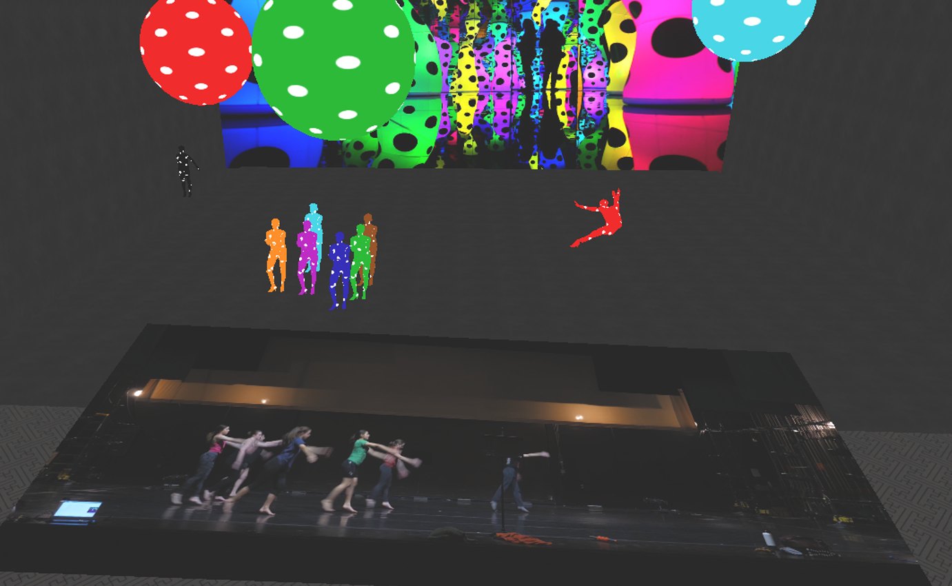 Polka-dot spheres and a dotted backdrop with the rehearsal video projected below, a red dotted figure caught mid-leap