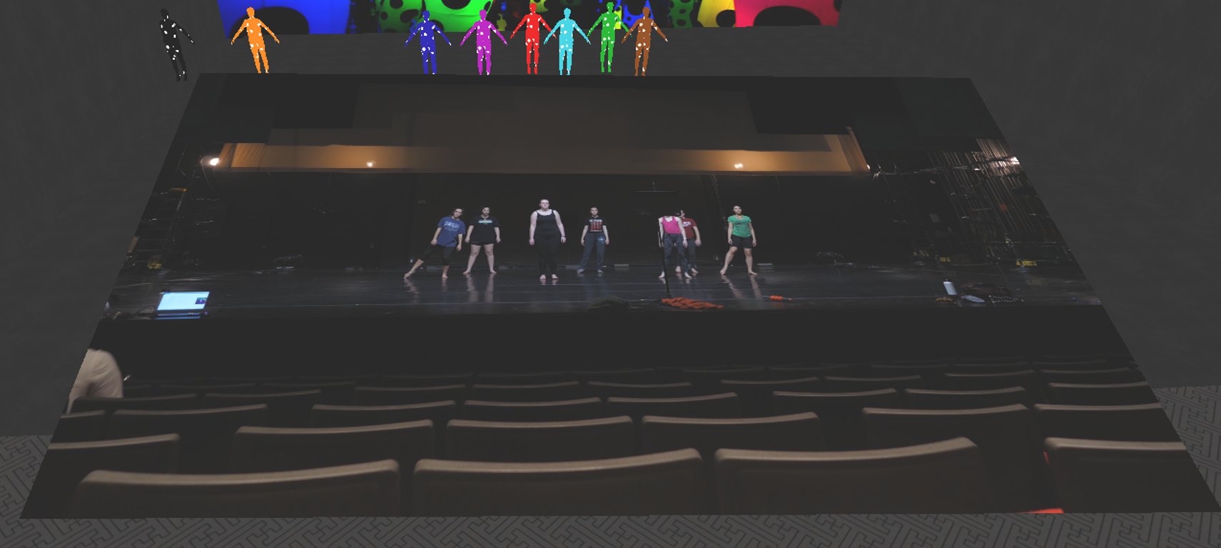 Dot-costumed silhouetted actors above a projected rehearsal run of dancers on a theater stage