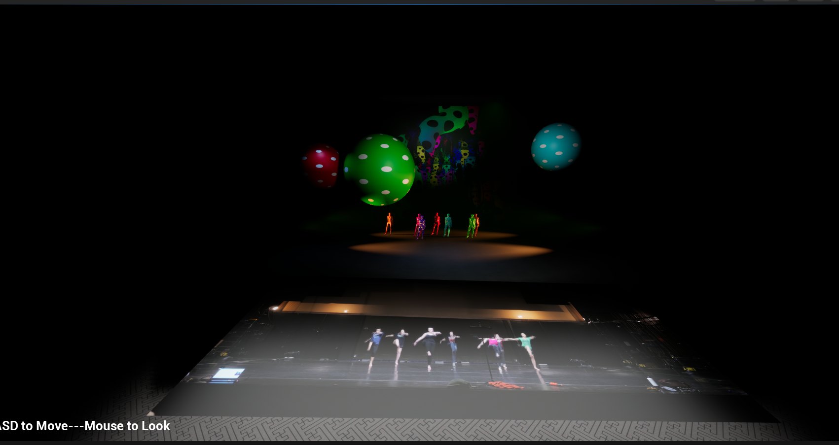 A distant first-person view walking the scene, on-screen prompt reading WASD to move, mouse to look