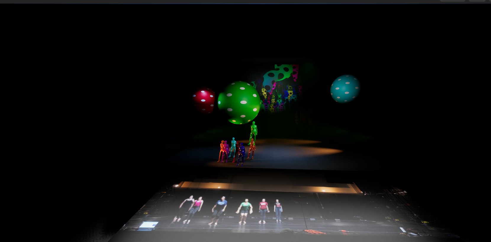 Digital dot-costumed actors on the upper stage aligned above the projected video of real dancers rehearsing