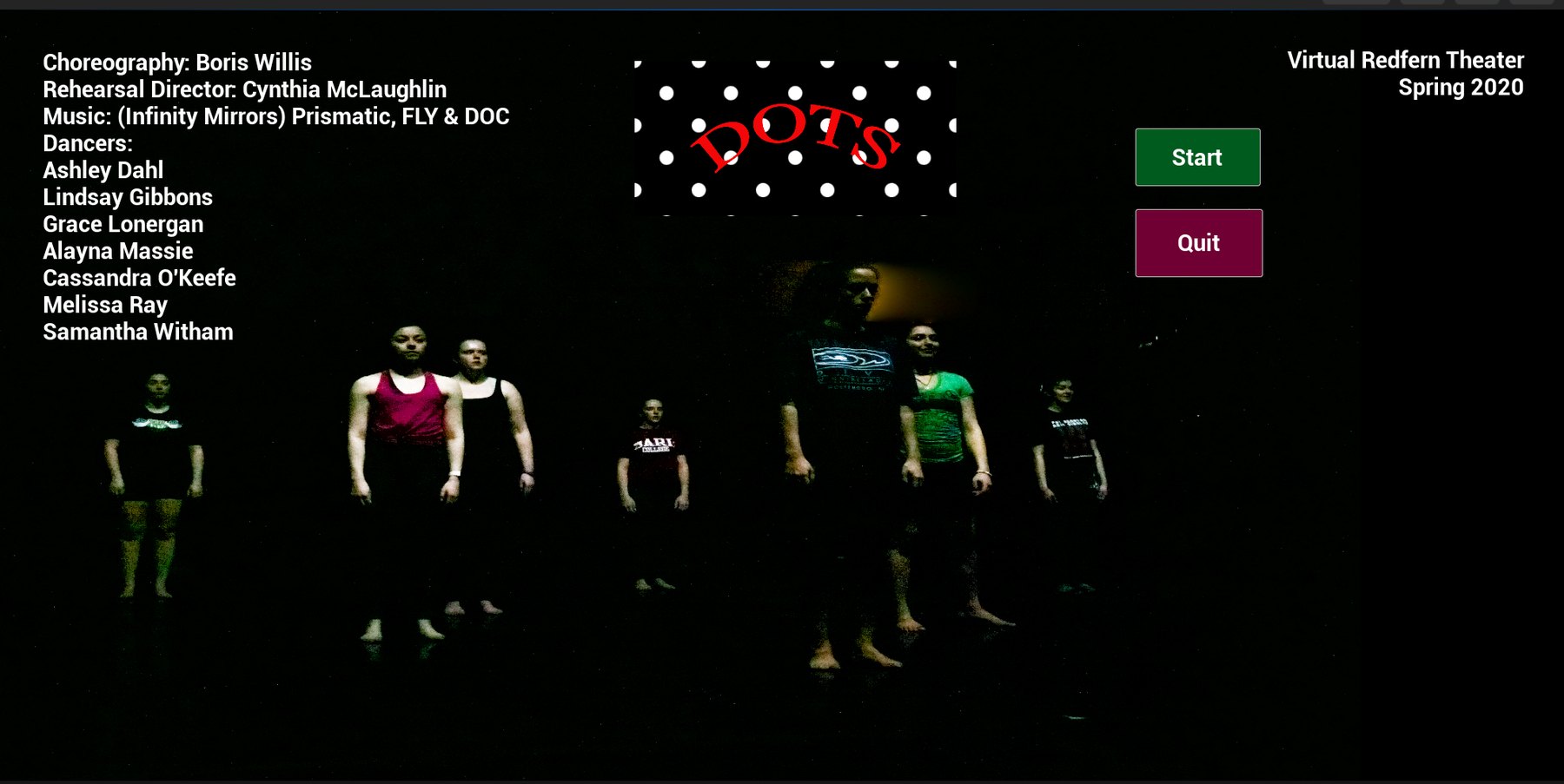 The Dots title screen: a red dotted card reading DOTS, Start and Quit buttons, full production credits at left, and Virtual Redfern Theater, Spring 2020 at right