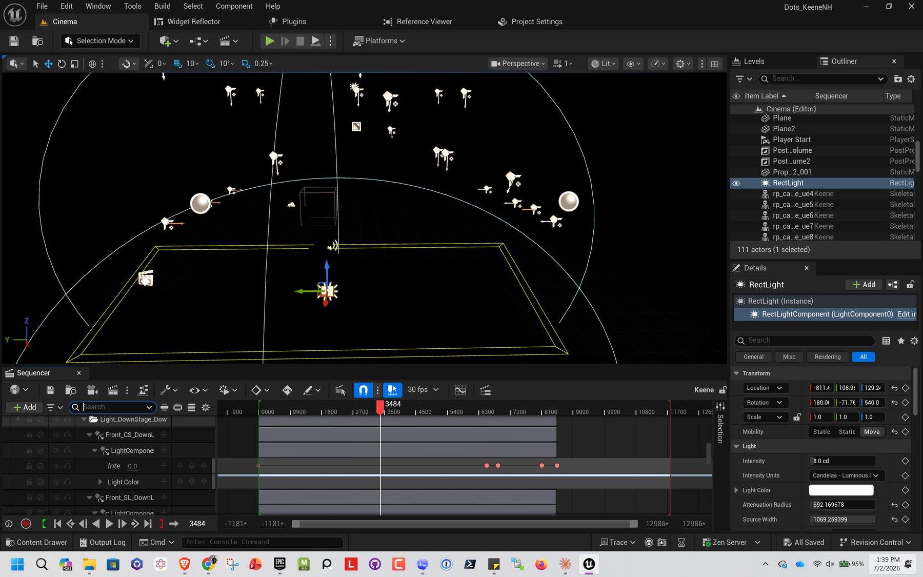 Unreal Engine editor with a rect light selected, its keyframes animated across the Sequencer timeline