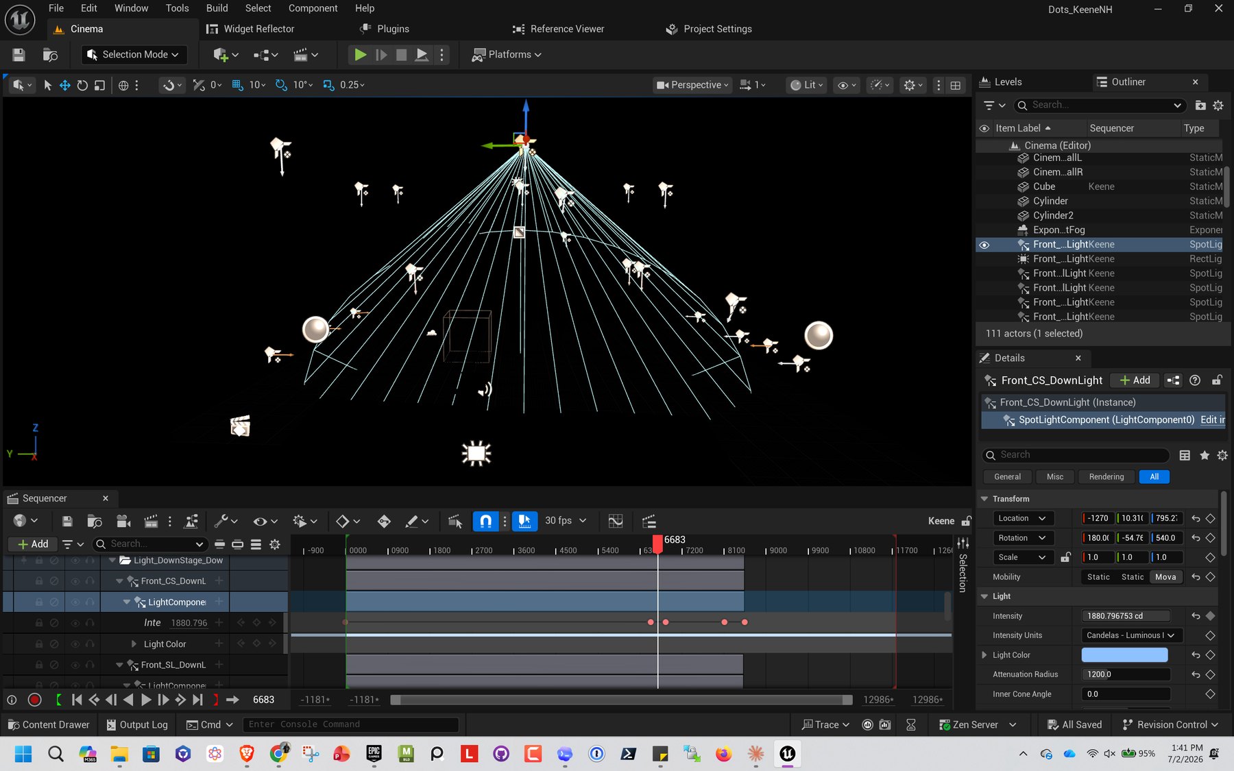 Unreal Engine editor showing a spotlight's cone and falloff drawn in the viewport, with its intensity keyed in Sequencer