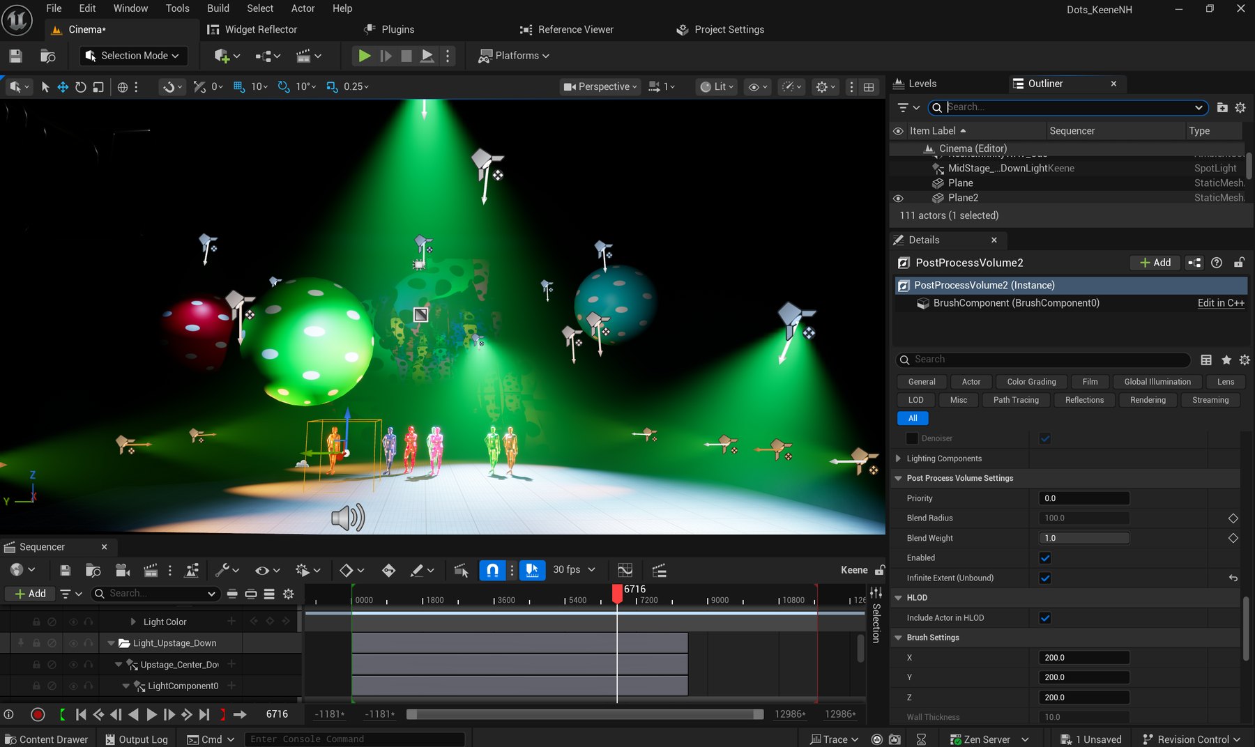 Unreal Engine viewport lit with green washes and colored spheres, a post-process volume selected in the details panel