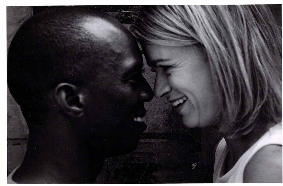 Black-and-white photograph of Boris Willis and Cynthia McLaughlin, foreheads touching, in Enter Race