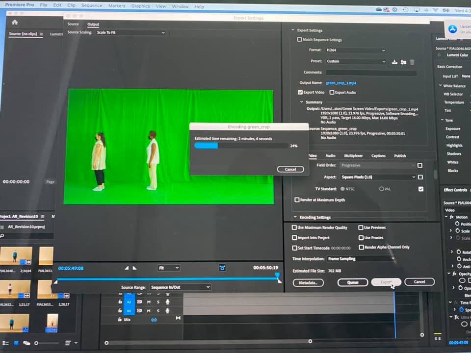 Premiere Pro export settings over two dancers shot on a green screen