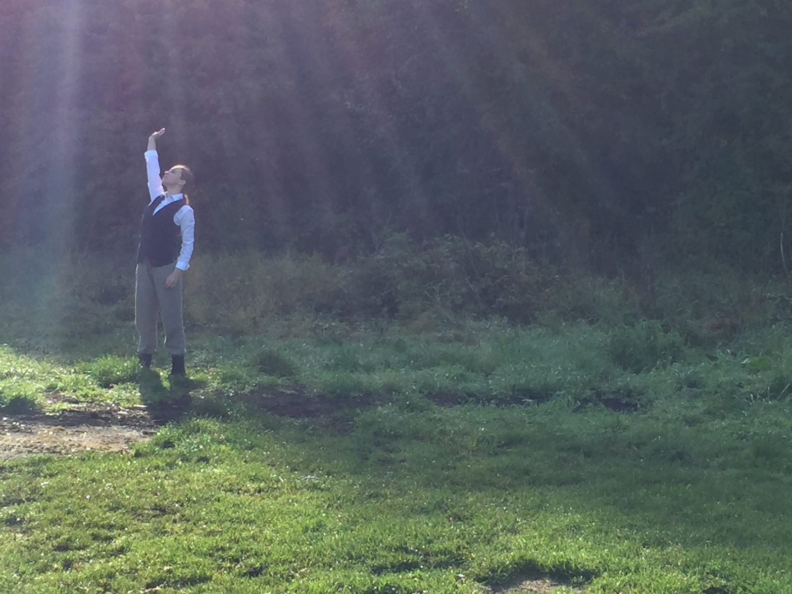 A dancer in a waistcoat reaches an arm skyward in a sunlit field