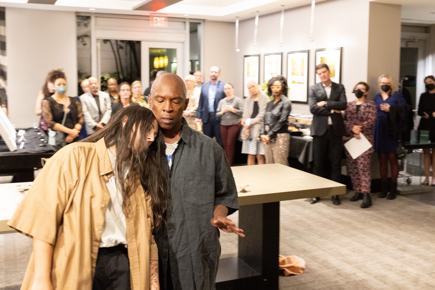 Boris Willis and Rex Delafkaran performing close together before a standing gallery audience at Tephra ICA